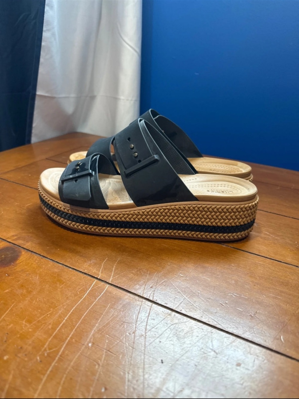 CROCS Black Dual-Strap Platform Slides with Tan Braided Wedge - Picture 3 of 6